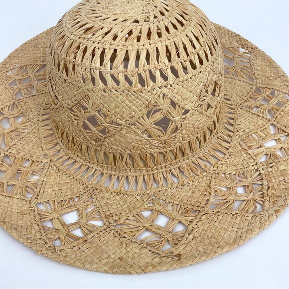 Vintage straw open weave sun hat with custom beaded band M/L beach resort wear - Picture 10 of 12